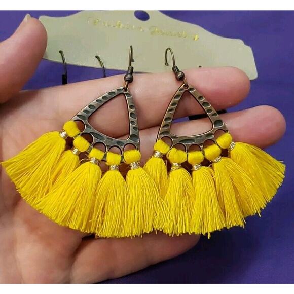 Three Pairs Dangle Earrings BOHO Western Style Yellow & Bronze Tone - Picture 6 of 11